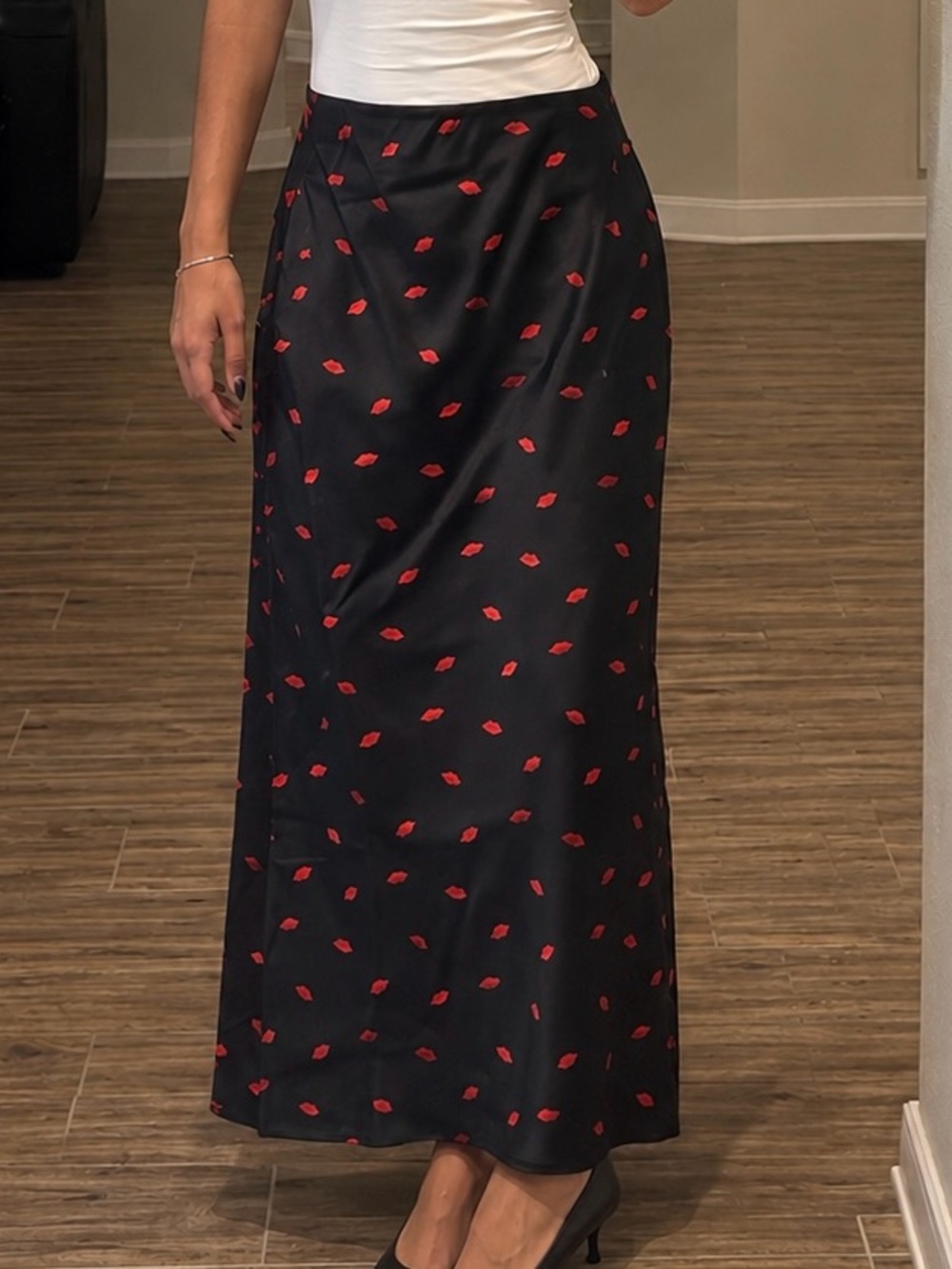 Black Satin Midi Skirt with Red Lip Print